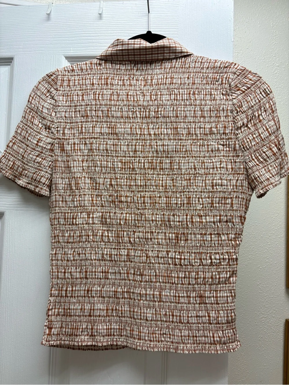 J. Crew Short-Sleeve Button-Up Shirt in Brown and Cream Plaid